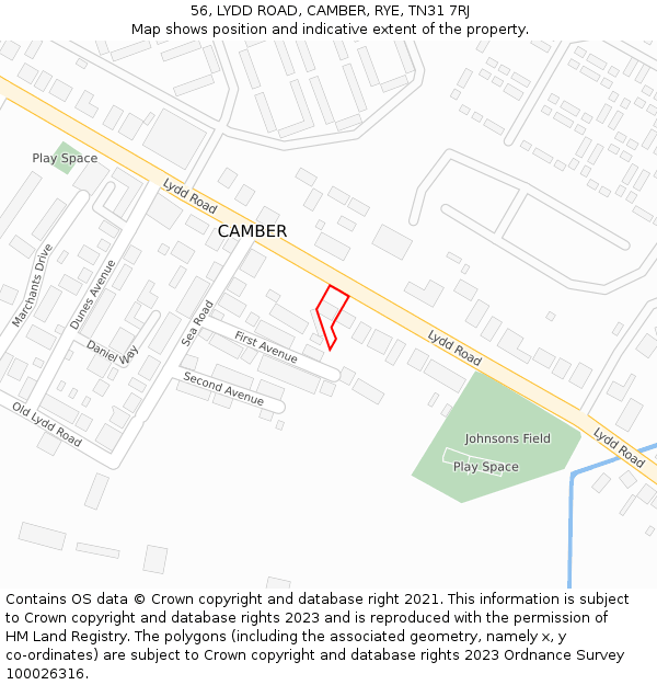 56, LYDD ROAD, CAMBER, RYE, TN31 7RJ: Location map and indicative extent of plot