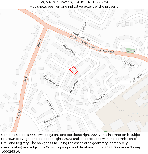 56, MAES DERWYDD, LLANGEFNI, LL77 7GA: Location map and indicative extent of plot