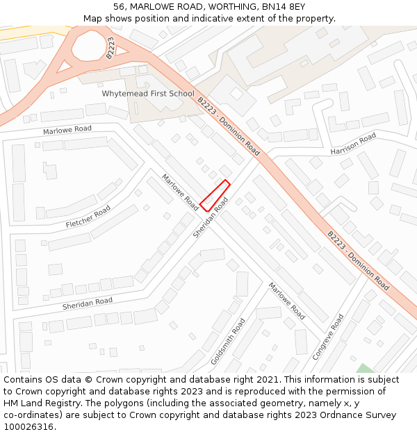 56, MARLOWE ROAD, WORTHING, BN14 8EY: Location map and indicative extent of plot