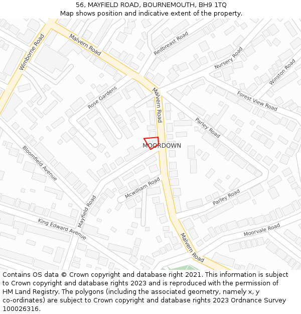 56, MAYFIELD ROAD, BOURNEMOUTH, BH9 1TQ: Location map and indicative extent of plot