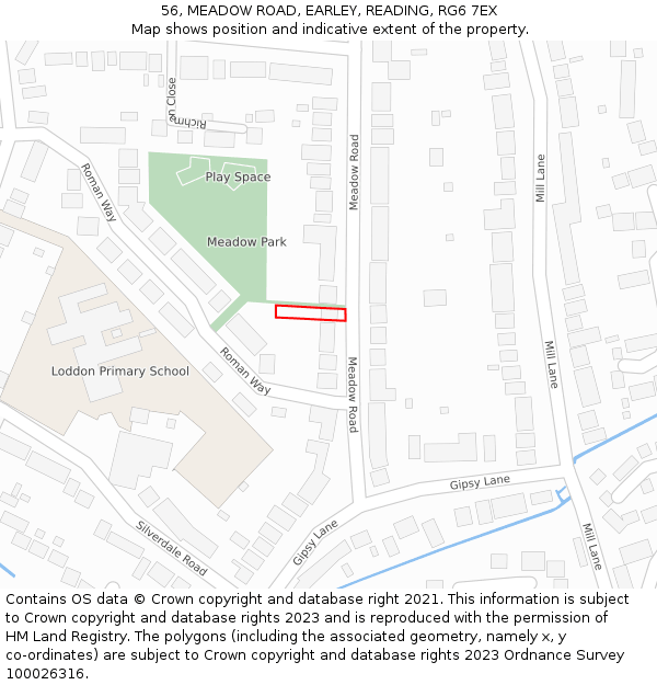 56, MEADOW ROAD, EARLEY, READING, RG6 7EX: Location map and indicative extent of plot