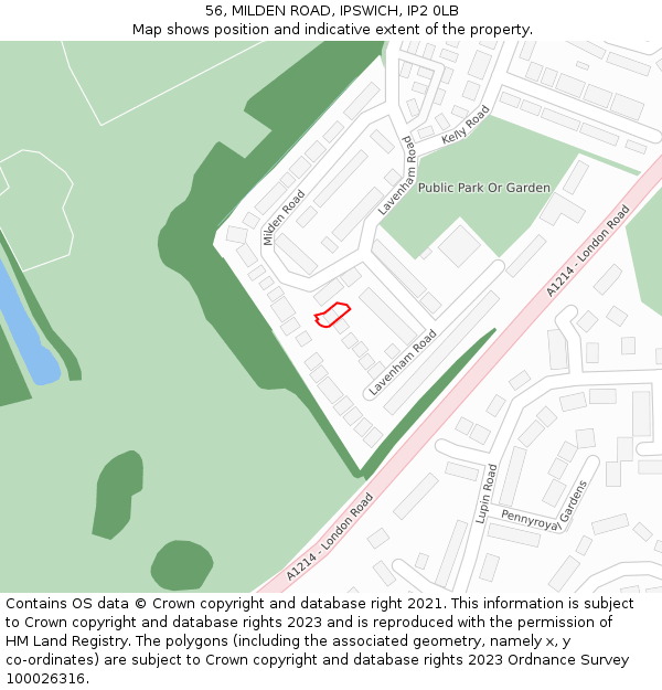 56, MILDEN ROAD, IPSWICH, IP2 0LB: Location map and indicative extent of plot
