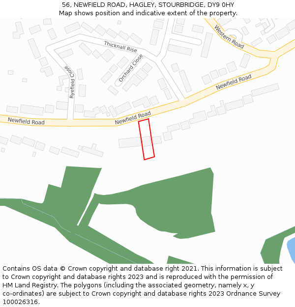 56, NEWFIELD ROAD, HAGLEY, STOURBRIDGE, DY9 0HY: Location map and indicative extent of plot