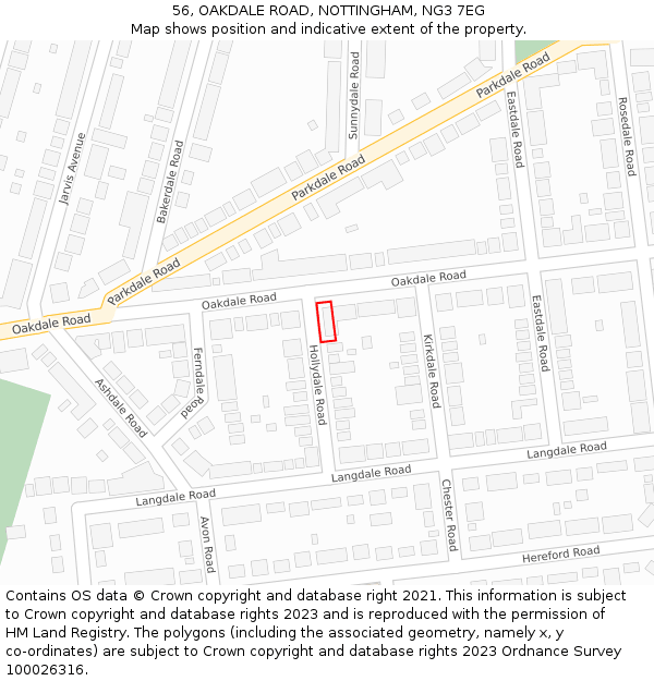 56, OAKDALE ROAD, NOTTINGHAM, NG3 7EG: Location map and indicative extent of plot