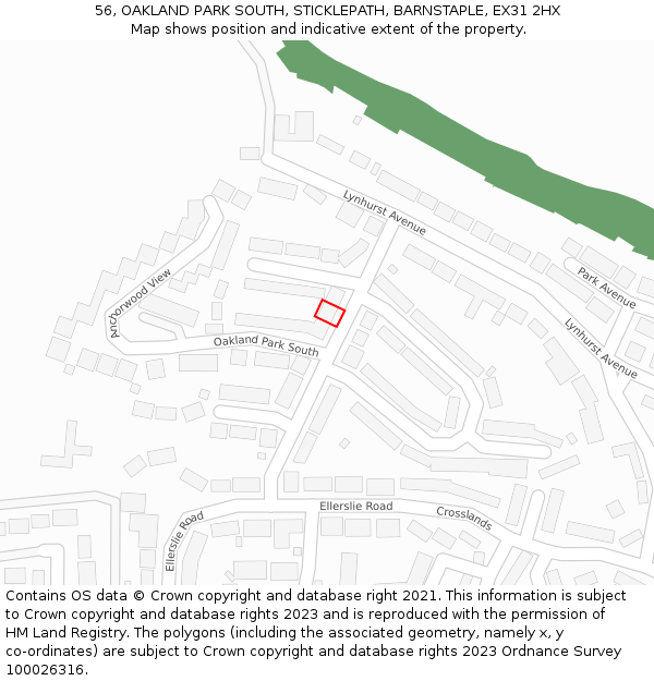 56, OAKLAND PARK SOUTH, STICKLEPATH, BARNSTAPLE, EX31 2HX: Location map and indicative extent of plot