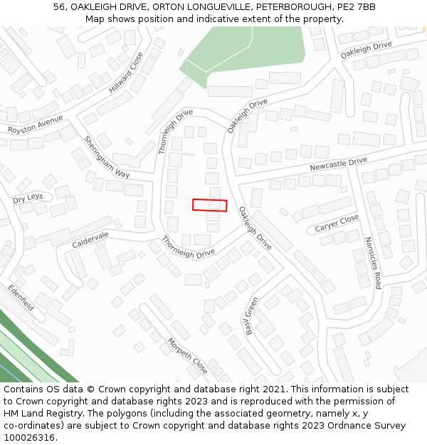 56, OAKLEIGH DRIVE, ORTON LONGUEVILLE, PETERBOROUGH, PE2 7BB: Location map and indicative extent of plot