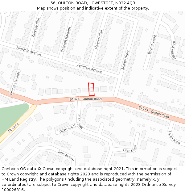 56, OULTON ROAD, LOWESTOFT, NR32 4QR: Location map and indicative extent of plot