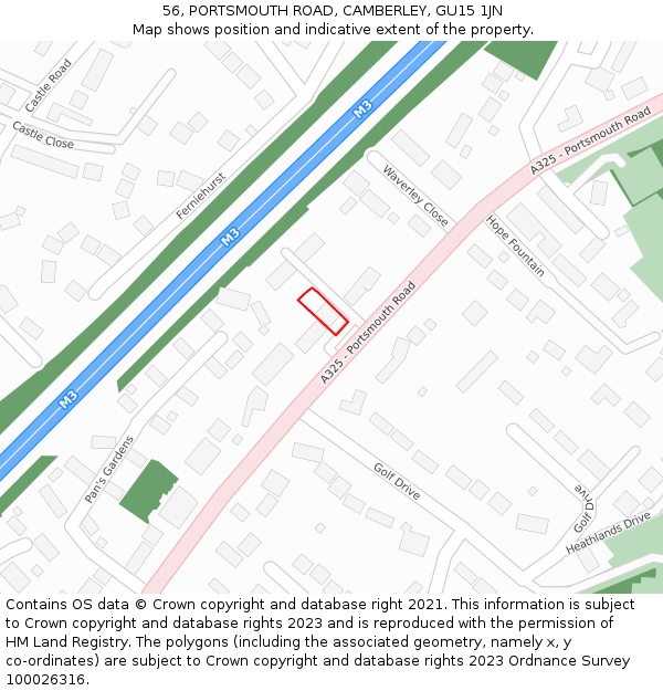 56, PORTSMOUTH ROAD, CAMBERLEY, GU15 1JN: Location map and indicative extent of plot