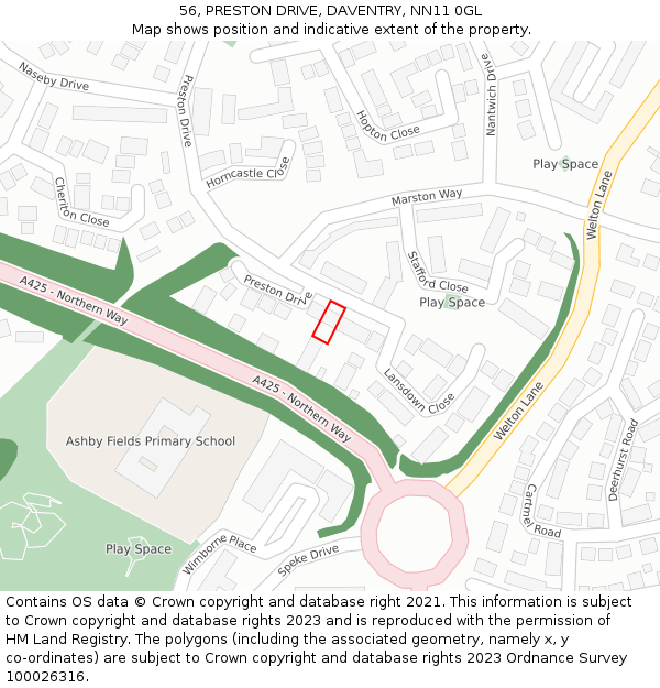 56, PRESTON DRIVE, DAVENTRY, NN11 0GL: Location map and indicative extent of plot