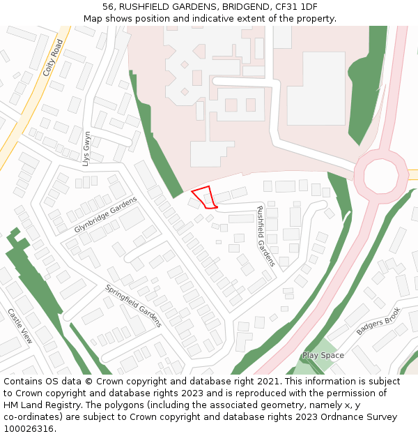 56, RUSHFIELD GARDENS, BRIDGEND, CF31 1DF: Location map and indicative extent of plot