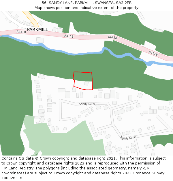 56, SANDY LANE, PARKMILL, SWANSEA, SA3 2ER: Location map and indicative extent of plot
