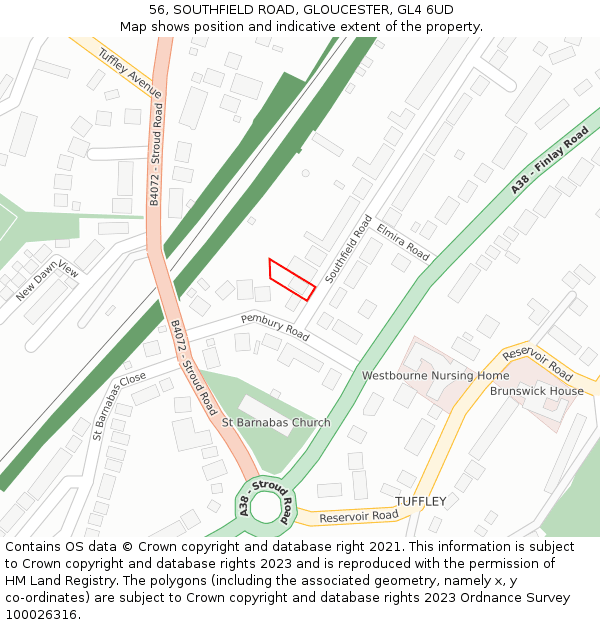 56, SOUTHFIELD ROAD, GLOUCESTER, GL4 6UD: Location map and indicative extent of plot