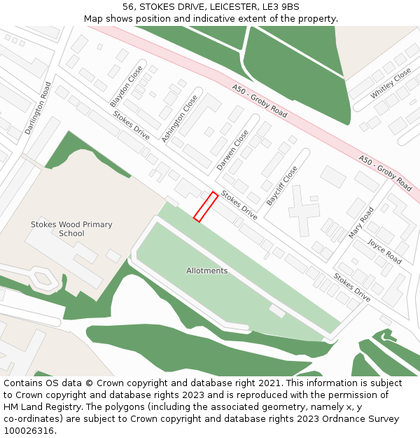 56, STOKES DRIVE, LEICESTER, LE3 9BS: Location map and indicative extent of plot