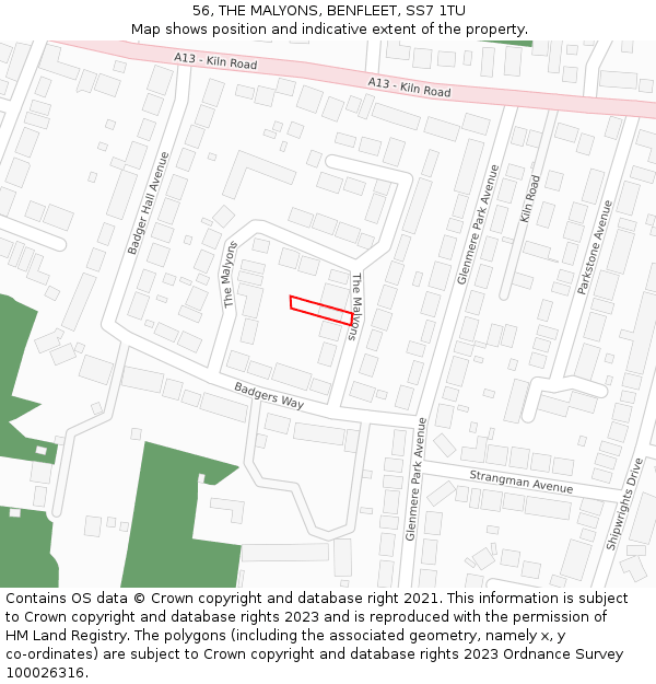 56, THE MALYONS, BENFLEET, SS7 1TU: Location map and indicative extent of plot