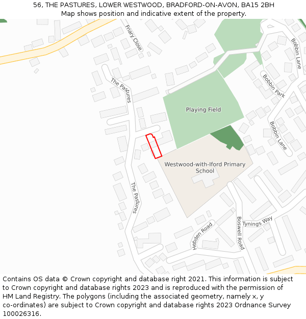 56, THE PASTURES, LOWER WESTWOOD, BRADFORD-ON-AVON, BA15 2BH: Location map and indicative extent of plot