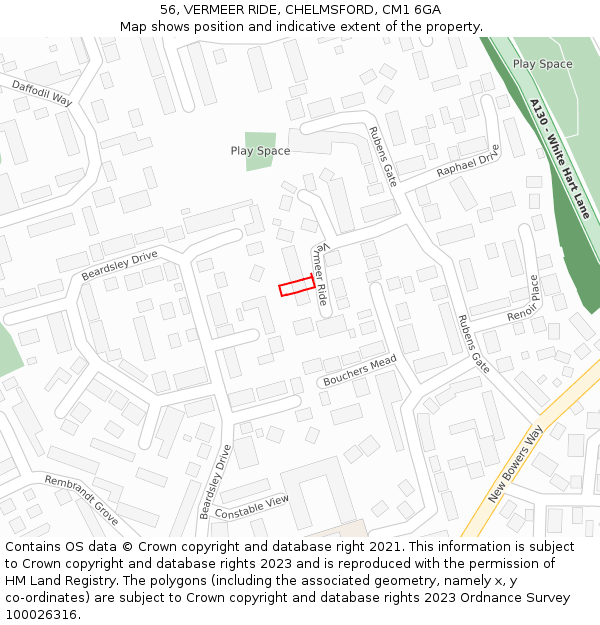 56, VERMEER RIDE, CHELMSFORD, CM1 6GA: Location map and indicative extent of plot