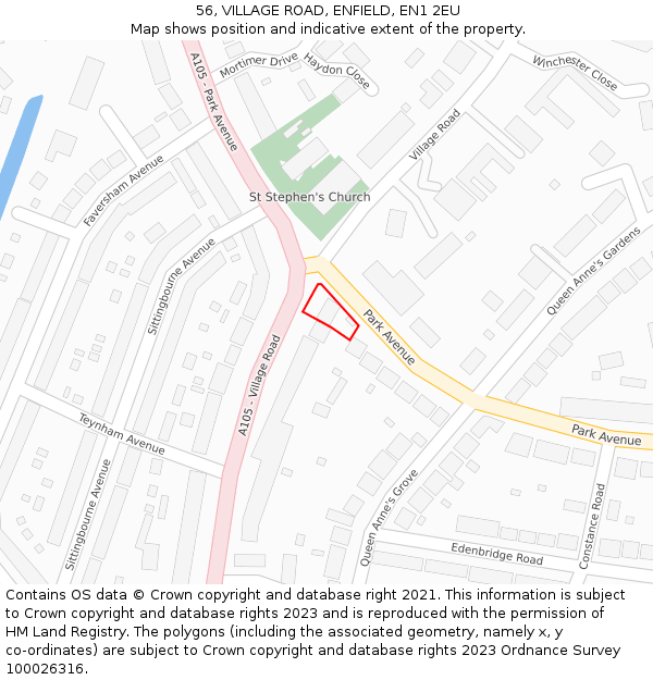 56, VILLAGE ROAD, ENFIELD, EN1 2EU: Location map and indicative extent of plot