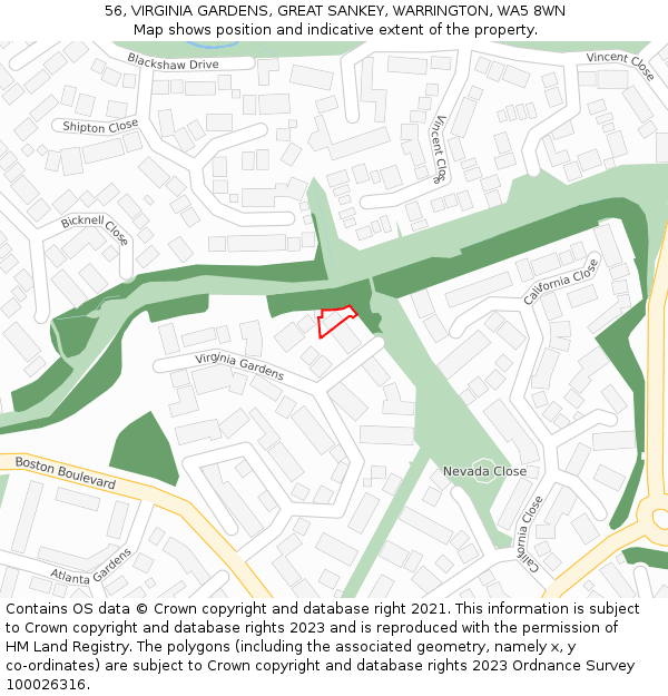 56, VIRGINIA GARDENS, GREAT SANKEY, WARRINGTON, WA5 8WN: Location map and indicative extent of plot