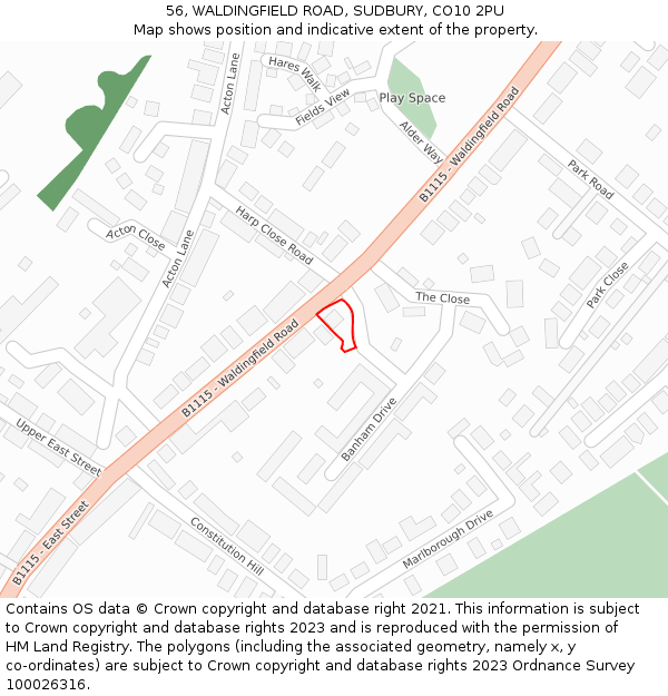 56, WALDINGFIELD ROAD, SUDBURY, CO10 2PU: Location map and indicative extent of plot