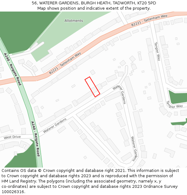 56, WATERER GARDENS, BURGH HEATH, TADWORTH, KT20 5PD: Location map and indicative extent of plot