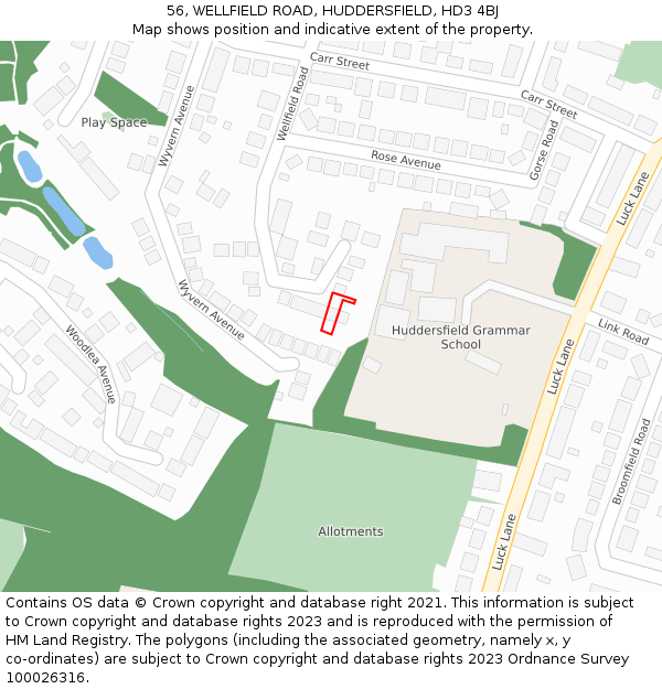56, WELLFIELD ROAD, HUDDERSFIELD, HD3 4BJ: Location map and indicative extent of plot