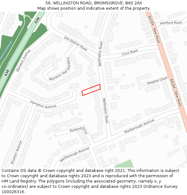 56, WELLINGTON ROAD, BROMSGROVE, B60 2AX: Location map and indicative extent of plot