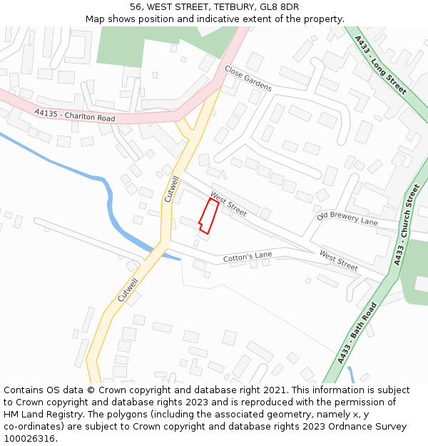 56, WEST STREET, TETBURY, GL8 8DR: Location map and indicative extent of plot