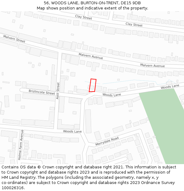 56, WOODS LANE, BURTON-ON-TRENT, DE15 9DB: Location map and indicative extent of plot