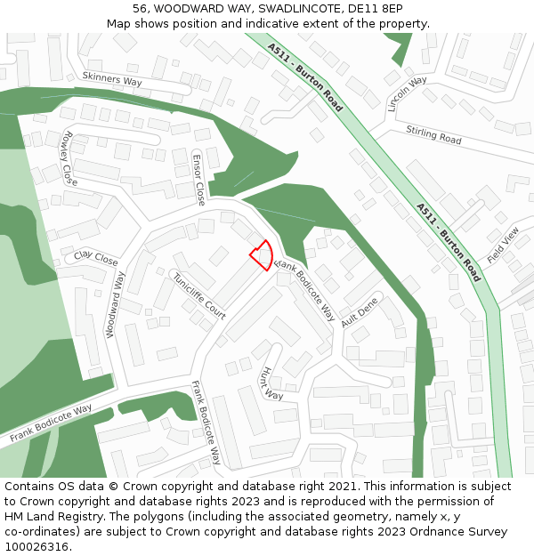 56, WOODWARD WAY, SWADLINCOTE, DE11 8EP: Location map and indicative extent of plot