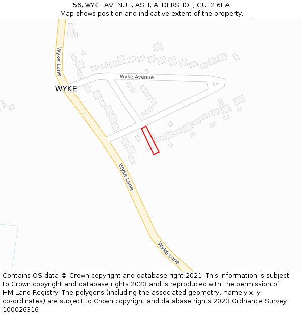 56, WYKE AVENUE, ASH, ALDERSHOT, GU12 6EA: Location map and indicative extent of plot