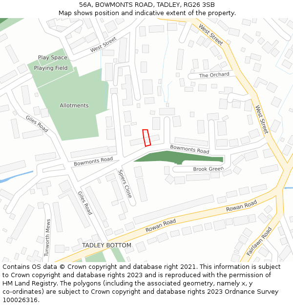 56A, BOWMONTS ROAD, TADLEY, RG26 3SB: Location map and indicative extent of plot