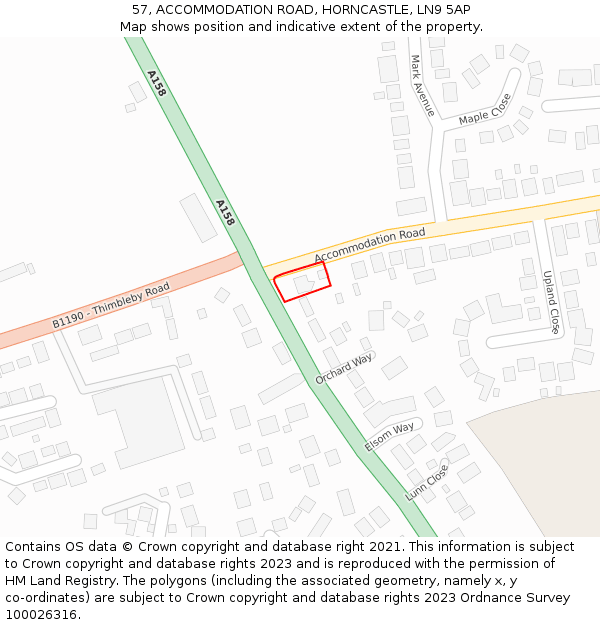 57, ACCOMMODATION ROAD, HORNCASTLE, LN9 5AP: Location map and indicative extent of plot