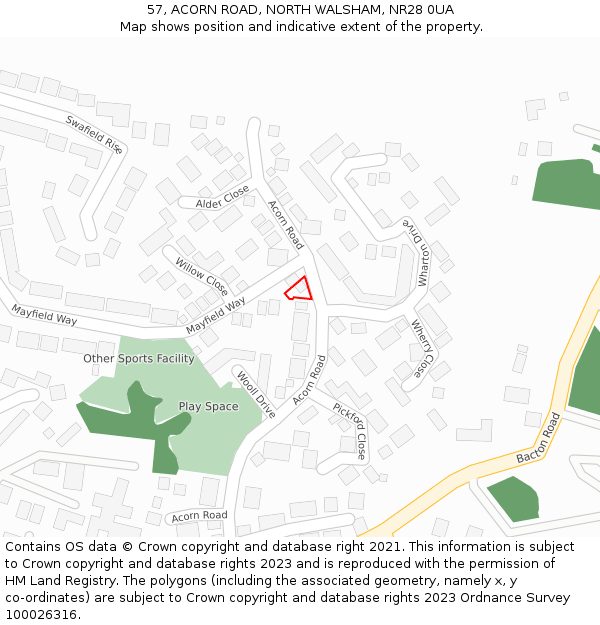 57, ACORN ROAD, NORTH WALSHAM, NR28 0UA: Location map and indicative extent of plot