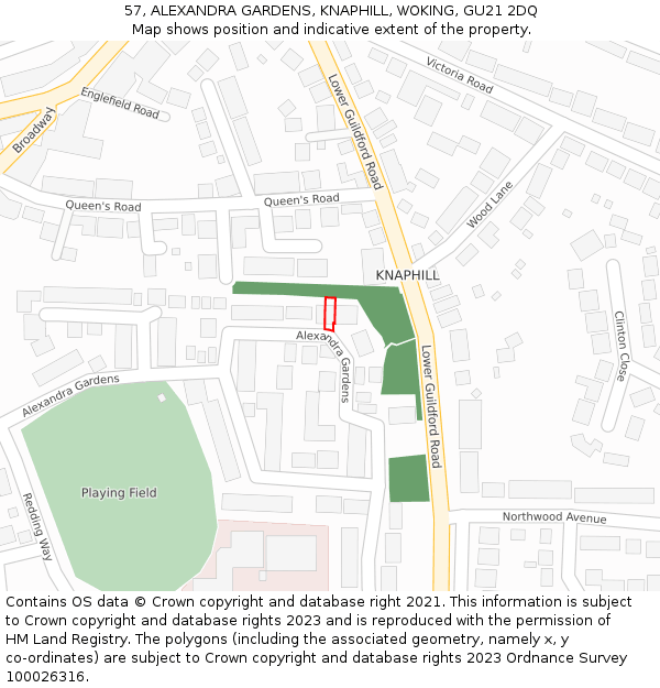 57, ALEXANDRA GARDENS, KNAPHILL, WOKING, GU21 2DQ: Location map and indicative extent of plot