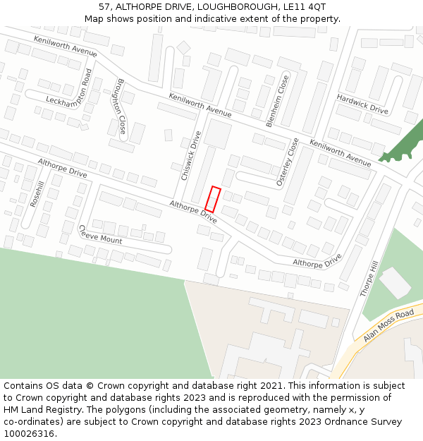 57, ALTHORPE DRIVE, LOUGHBOROUGH, LE11 4QT: Location map and indicative extent of plot