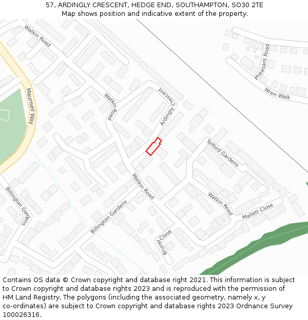57, ARDINGLY CRESCENT, HEDGE END, SOUTHAMPTON, SO30 2TE: Location map and indicative extent of plot