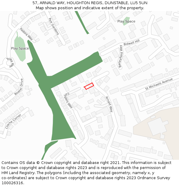 57, ARNALD WAY, HOUGHTON REGIS, DUNSTABLE, LU5 5UN: Location map and indicative extent of plot
