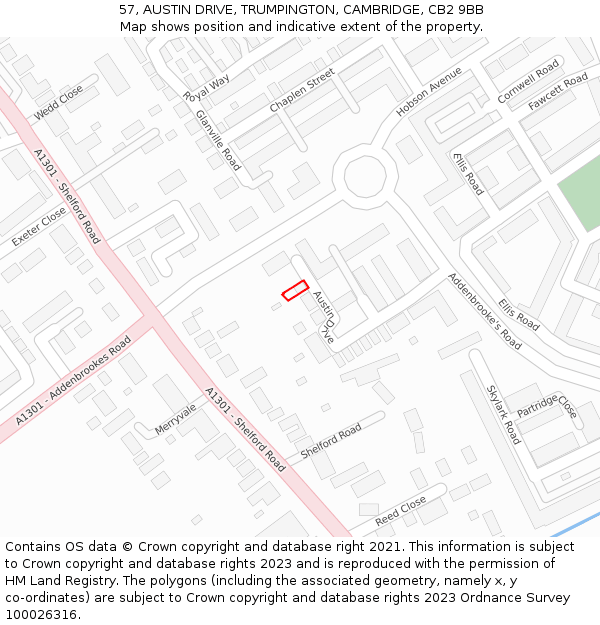 57, AUSTIN DRIVE, TRUMPINGTON, CAMBRIDGE, CB2 9BB: Location map and indicative extent of plot