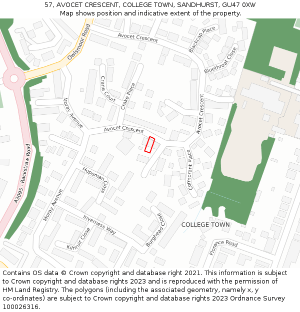 57, AVOCET CRESCENT, COLLEGE TOWN, SANDHURST, GU47 0XW: Location map and indicative extent of plot