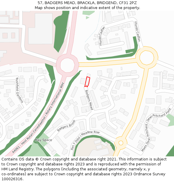 57, BADGERS MEAD, BRACKLA, BRIDGEND, CF31 2PZ: Location map and indicative extent of plot