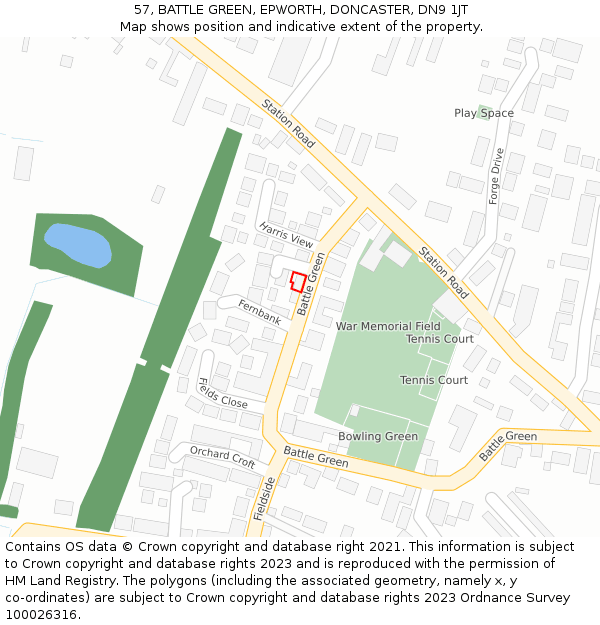 57, BATTLE GREEN, EPWORTH, DONCASTER, DN9 1JT: Location map and indicative extent of plot