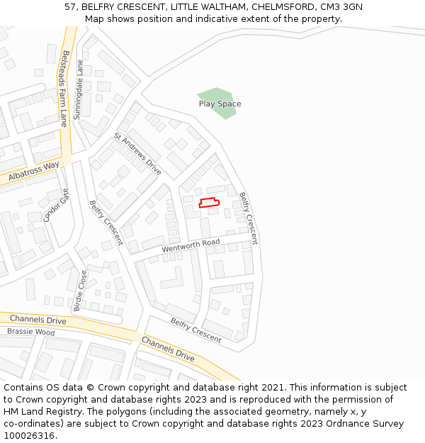 57, BELFRY CRESCENT, LITTLE WALTHAM, CHELMSFORD, CM3 3GN: Location map and indicative extent of plot