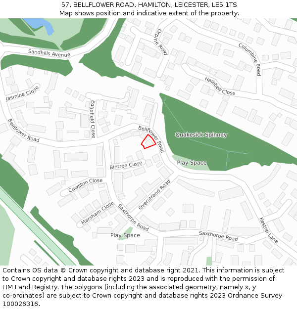 57, BELLFLOWER ROAD, HAMILTON, LEICESTER, LE5 1TS: Location map and indicative extent of plot