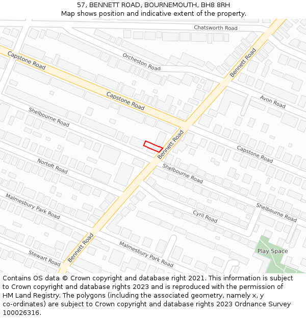 57, BENNETT ROAD, BOURNEMOUTH, BH8 8RH: Location map and indicative extent of plot