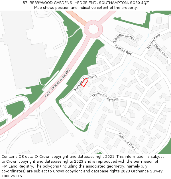57, BERRYWOOD GARDENS, HEDGE END, SOUTHAMPTON, SO30 4QZ: Location map and indicative extent of plot