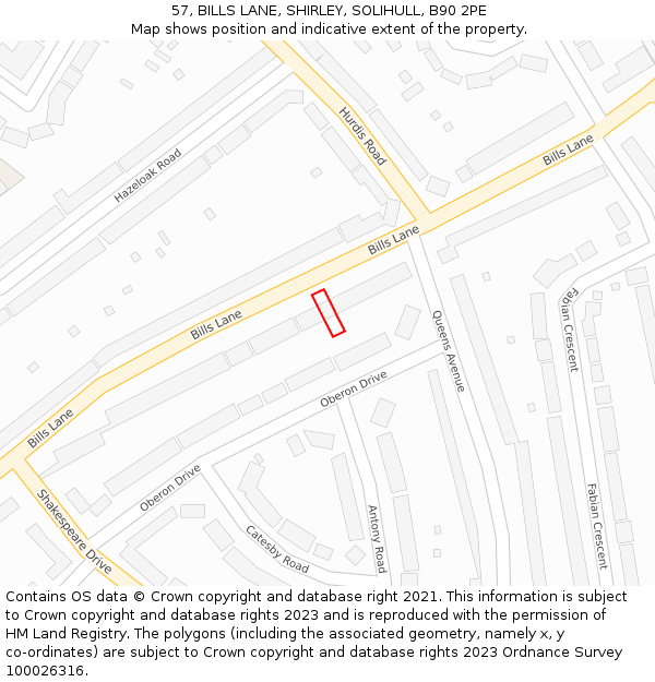 57, BILLS LANE, SHIRLEY, SOLIHULL, B90 2PE: Location map and indicative extent of plot