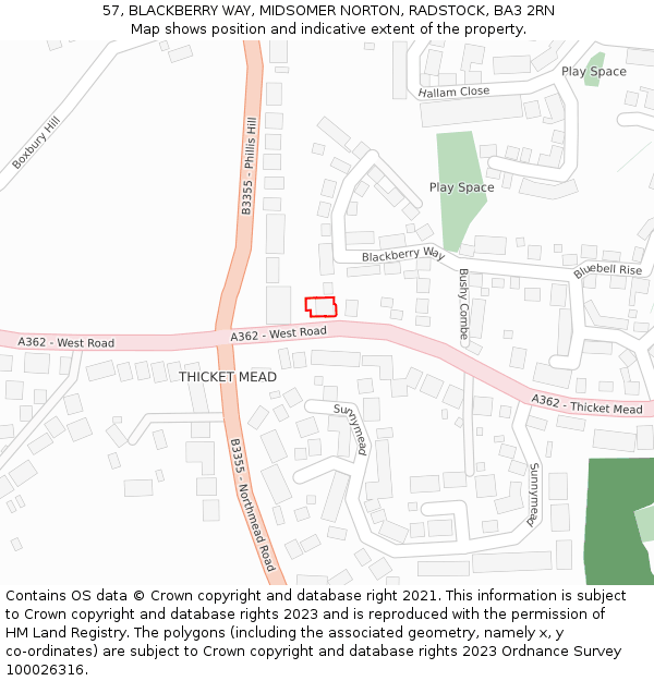 57, BLACKBERRY WAY, MIDSOMER NORTON, RADSTOCK, BA3 2RN: Location map and indicative extent of plot