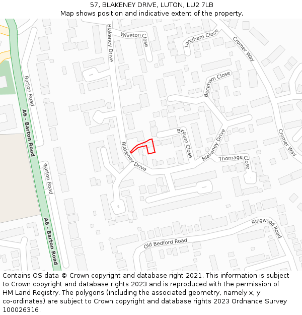 57, BLAKENEY DRIVE, LUTON, LU2 7LB: Location map and indicative extent of plot