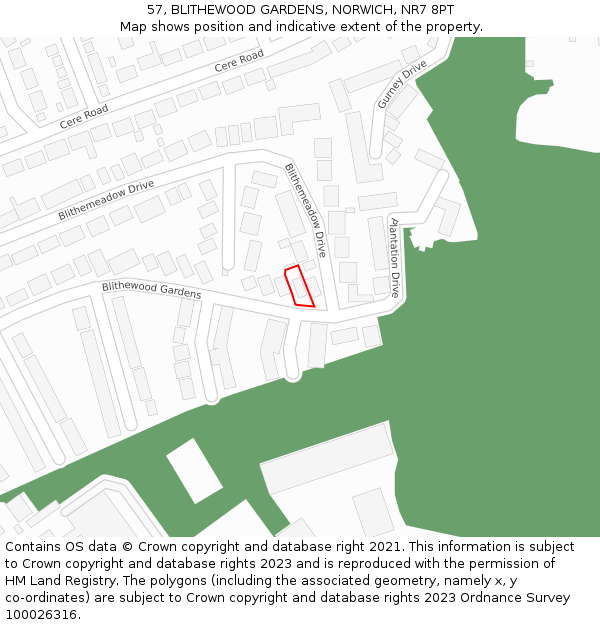 57, BLITHEWOOD GARDENS, NORWICH, NR7 8PT: Location map and indicative extent of plot