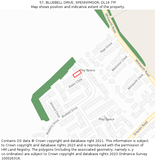 57, BLUEBELL DRIVE, SPENNYMOOR, DL16 7YF: Location map and indicative extent of plot
